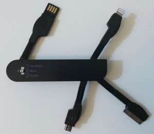 Look at this marvel of technology: usb to connect to iphone 5/6, old iphone, and mini-usb for non-apple products.  Amazing.