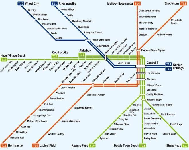 Metro Map for the Stockholm T-Bana, translated into English.  From http://www.mappery.com/stockholm-metro-map
